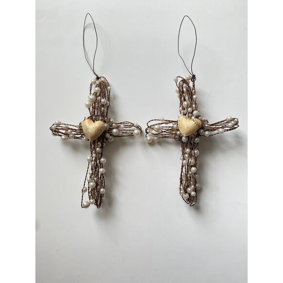 Unbranded Other - Pearl Wired Hanging Cross Ornament 7” set of 2 Christmas Decor